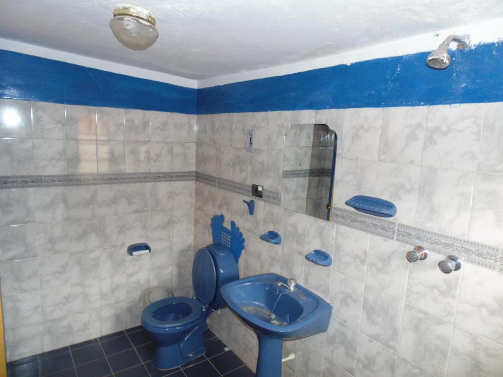 图皮萨Hostal Coronel Pedro Arraya的浴室设有蓝色的卫生间和水槽。