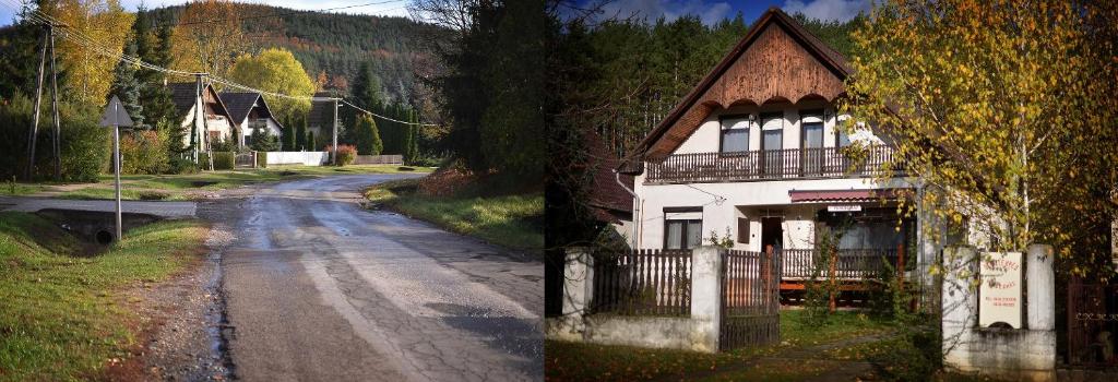 dos fotos de una casa y una calle con una calle en Gesztenyes Vendeghaz en Bükkszék