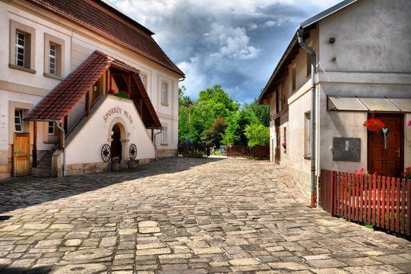 uma rua de calçada em frente a dois edifícios em Šporkův Mlýn em Dvůr Králové nad Labem