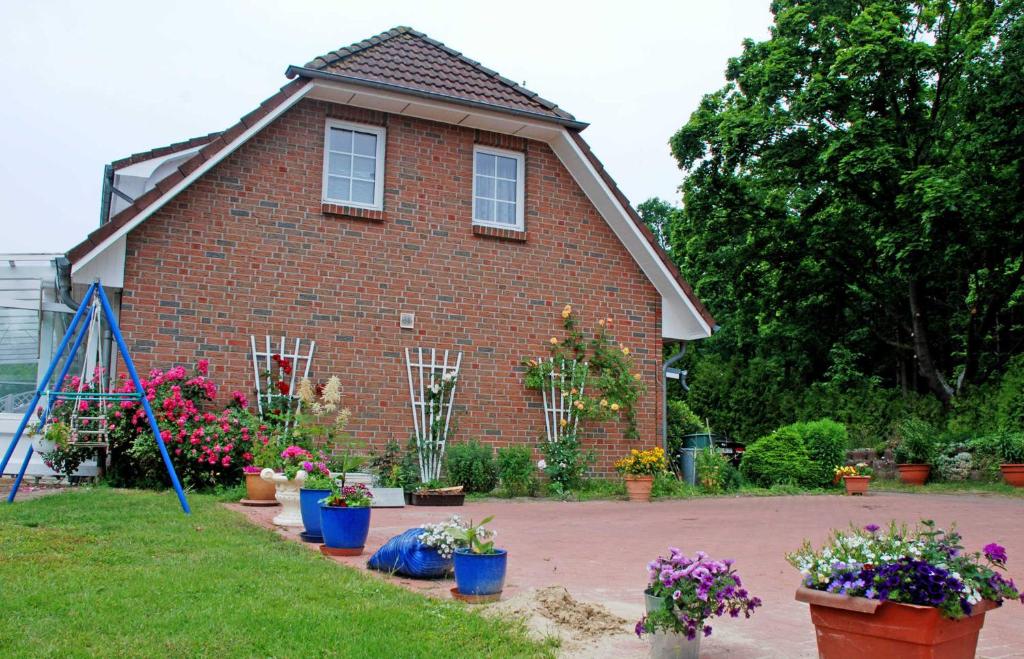 a house with a bunch of potted plants in the yard at Selliner Ferienappartements in Ostseebad Sellin