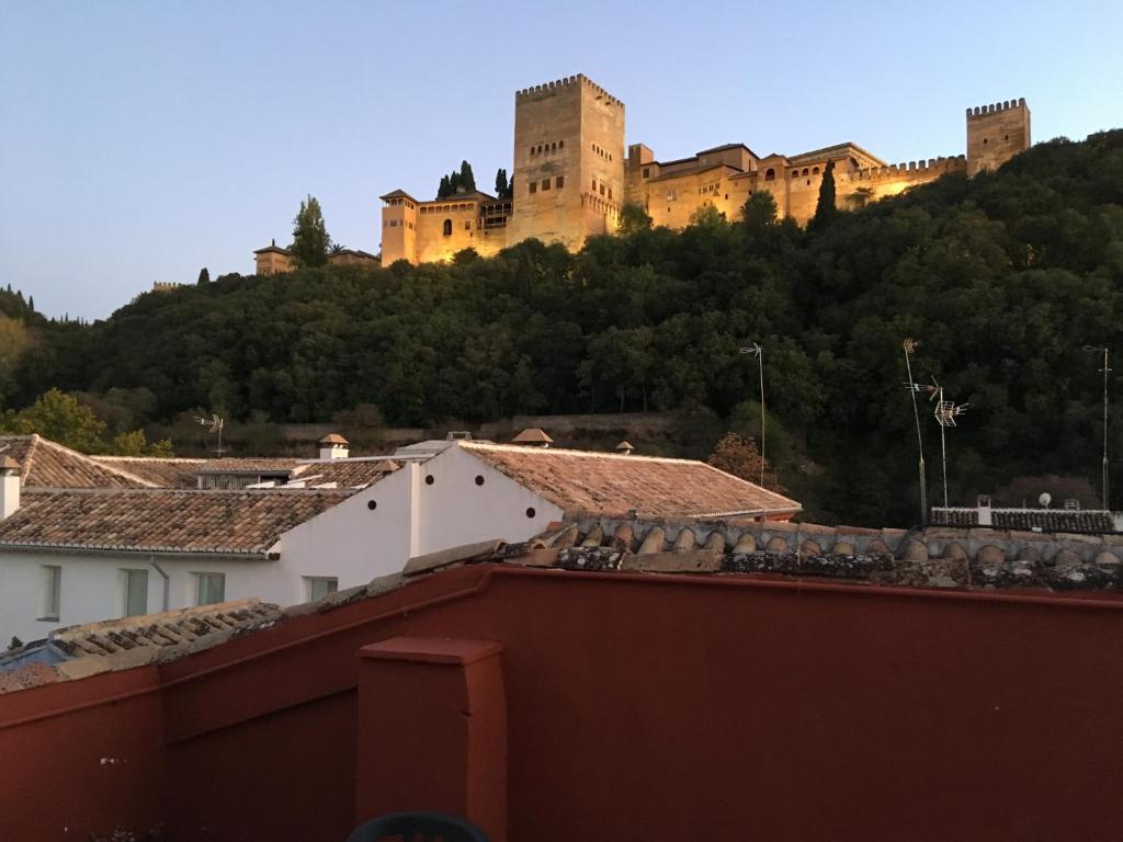 グラナダにあるApartamentos Mirador Alhambraの家屋が並ぶ丘の上の城