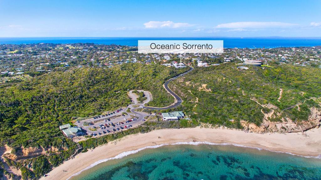 an aerial view of the oceanographic superstore on a beach at Oceanic Sorrento in Sorrento