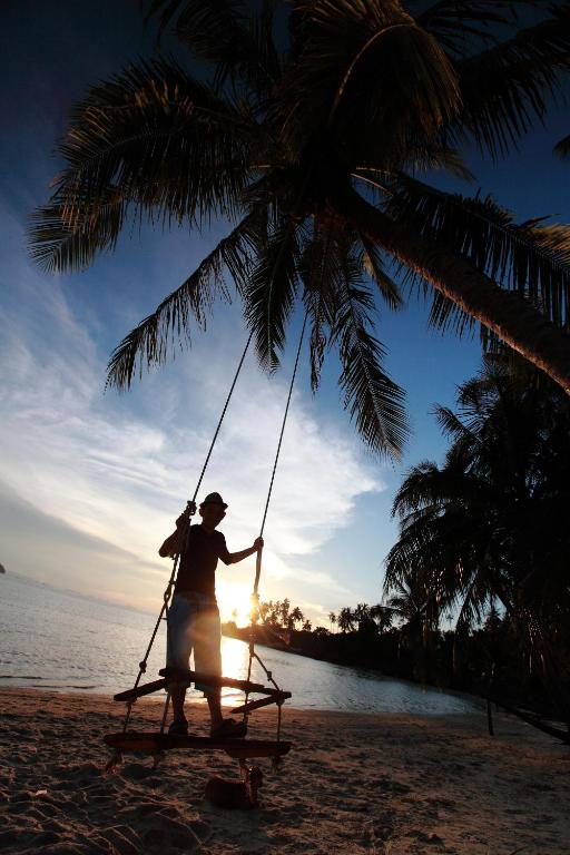 a man on a swing under a palm tree on the beach at Beck's Resort in Haad Pleayleam