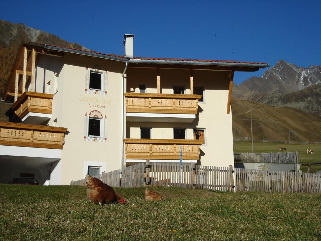 un bâtiment avec deux chats assis dans l'herbe devant lui dans l'établissement Teindlhof, à Melago