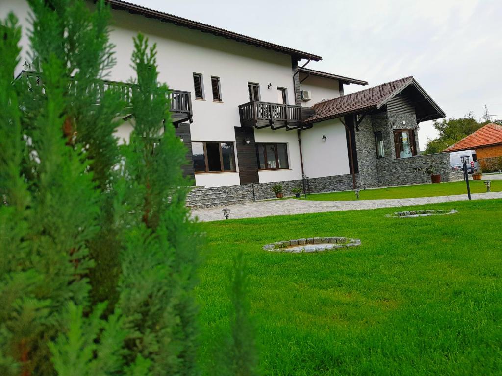 a house with a green yard in front of it at Pensiunea Câmpia Soarelui in Apa Neagră