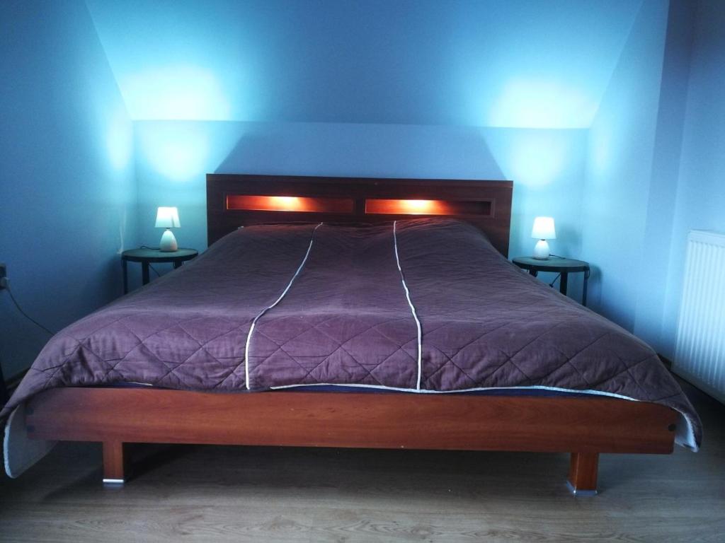 a bed in a blue room with two lights on it at Apartamenty na Fali in Mrzeżyno