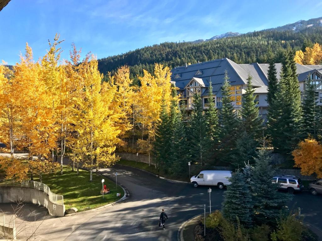 a person riding a bike down a road with trees at The Best Top Floor Ski-in/Ski-out at the Aspens in Whistler