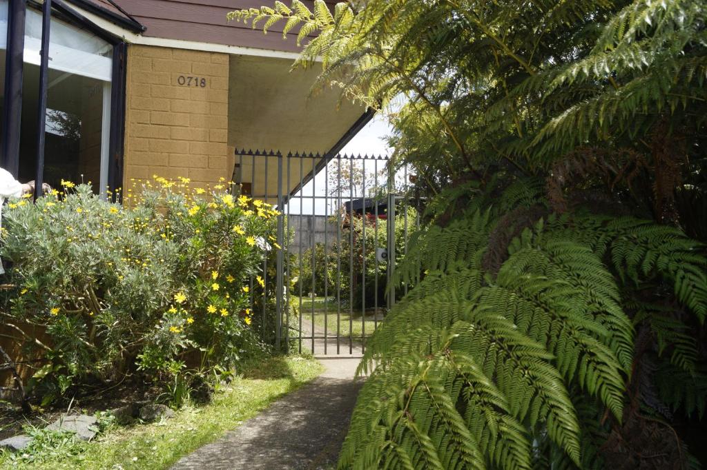 un jardín con una puerta frente a un edificio en Hospedaje El Roble, Puerto Varas, en Puerto Varas