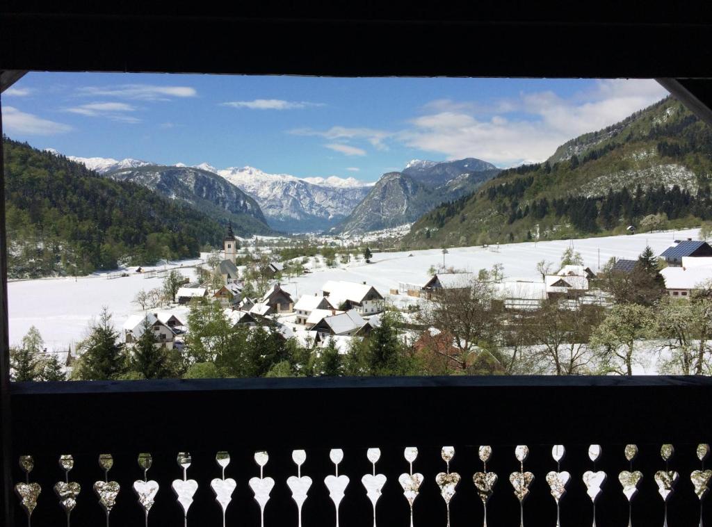 a view of a snowy mountain valley from a window at Villa Bohinca in Bohinj