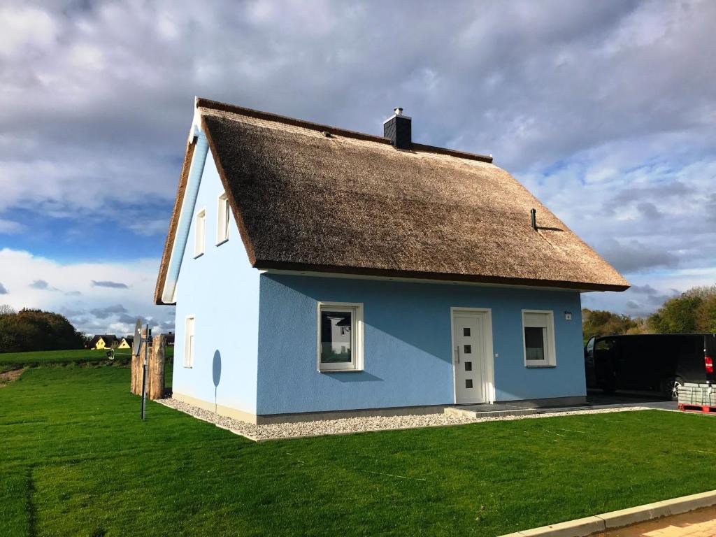 ein blau-weißes Haus auf einem grünen Feld in der Unterkunft Haus "Kliffruhe" in Glowe