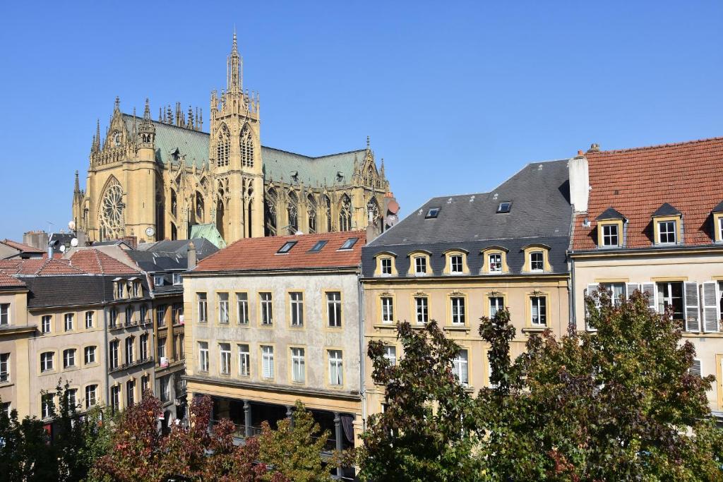 a cathedral and buildings in a city with trees at Grand Appartement Vue Cathédrale in Metz