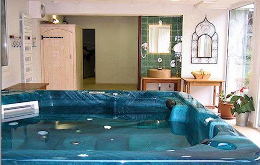 a blue tub in a living room with at Hôtel Doussière - Restaurant l'Alicanta in Le Rozier