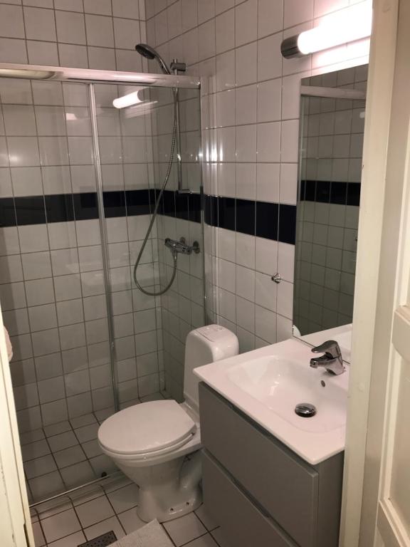 a bathroom with a toilet and a sink and a shower at OSLO S, City Center Apartments in Oslo