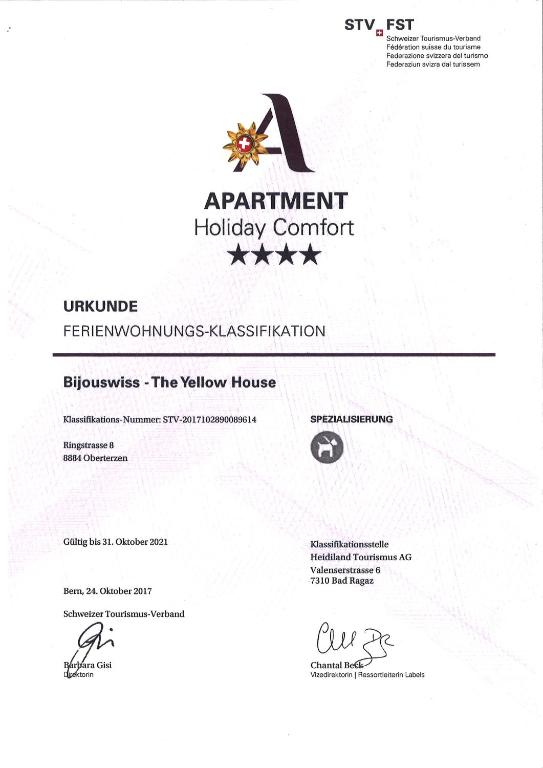 Certifikát, hodnocení, plakát nebo jiný dokument vystavený v ubytování Bijouswiss " Yellow House"