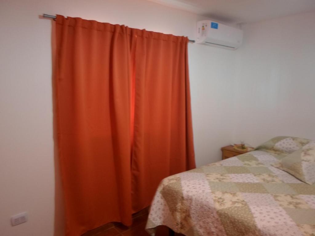 a bedroom with an orange curtain next to a bed at DEPARTAMENTOS YAPAY PEÑI in Plottier