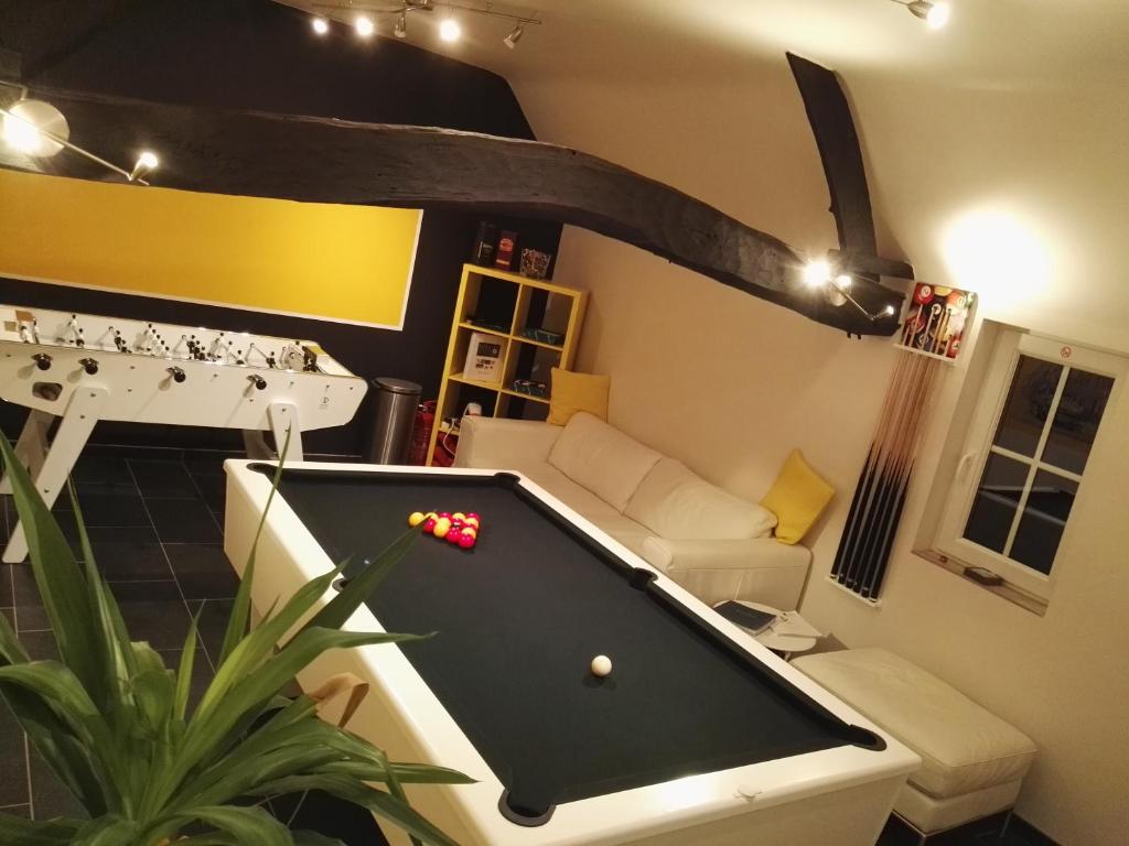 - un salon avec un billard dans l'établissement Archipel Holiday Cottage, à Ellezelles