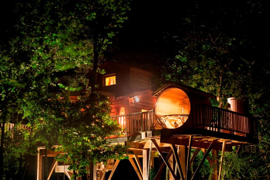 a tree house in front of a building at night at Bois Des Nauzes in Seyches