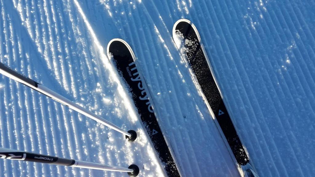 dos pares de esquís en una pendiente cubierta de nieve en Apart Alpenpension Maderer, en Gaschurn