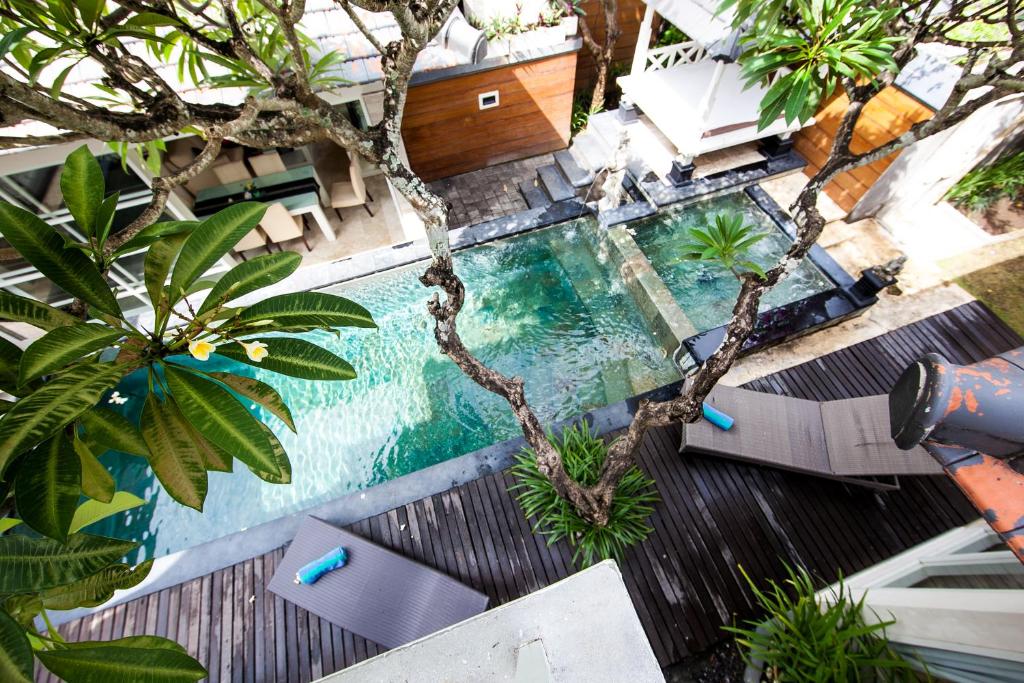 an overhead view of a swimming pool with chairs and trees at Bugan Villas in Seminyak