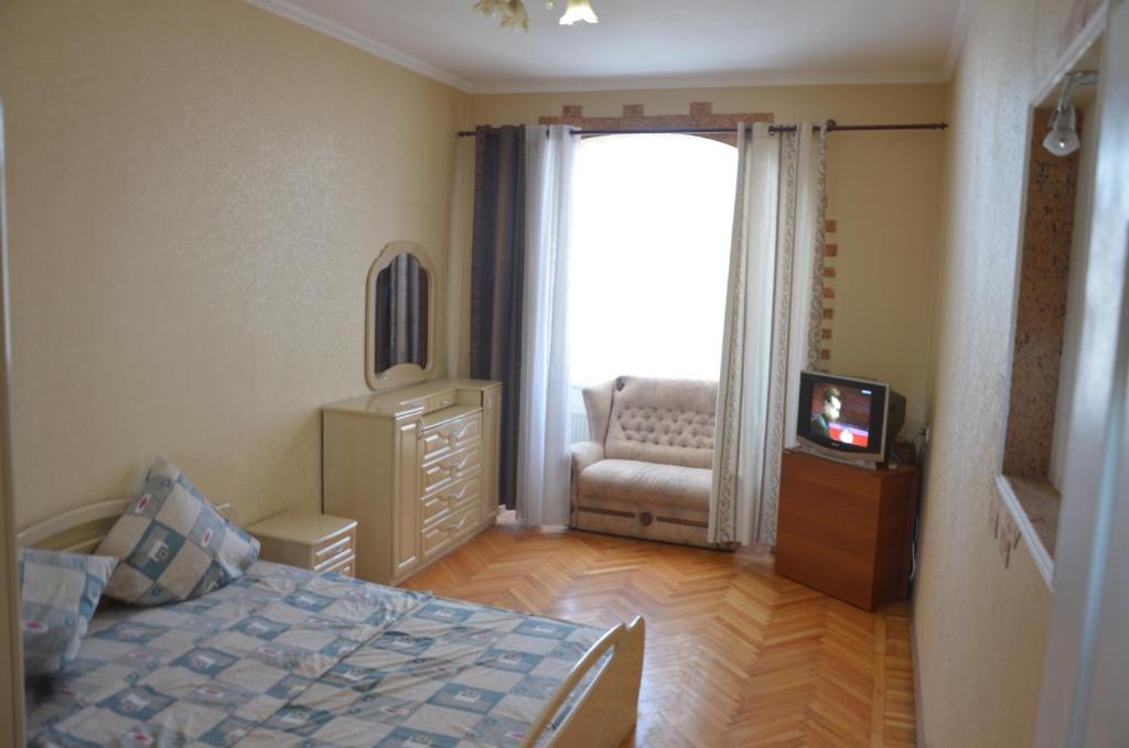 a bedroom with a bed and a television and a chair at Bon Apart Naberegna in Mykolaiv