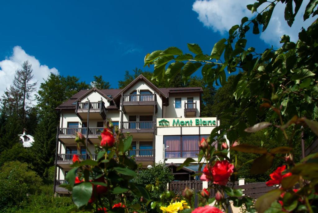 une auberge sur la colline avec des fleurs devant elle dans l'établissement Hotel Mont Blanc, à Predeal