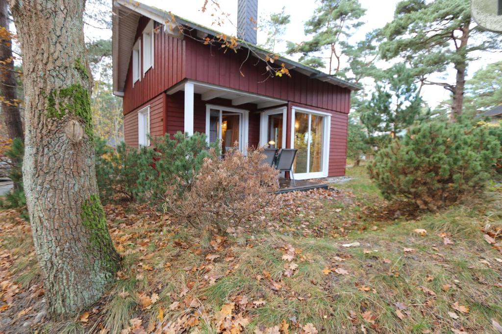 a red house with two chairs in front of it at Strandhaus Dünenweg 43b in Baabe