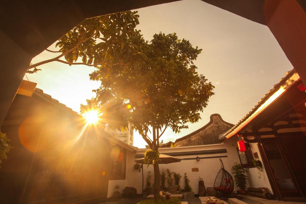 a tree in front of a house with the sun shining at Manju Inn in Chaozhou