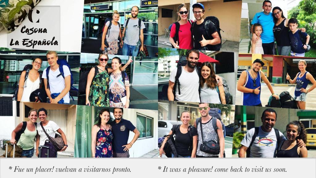 a collage of photos of people posing for a picture at Casona La Española in Cartagena de Indias