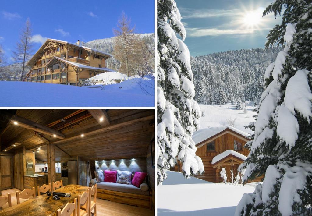 two pictures of a house in the snow at Le Couarôge Chalets et Appartements in La Bresse