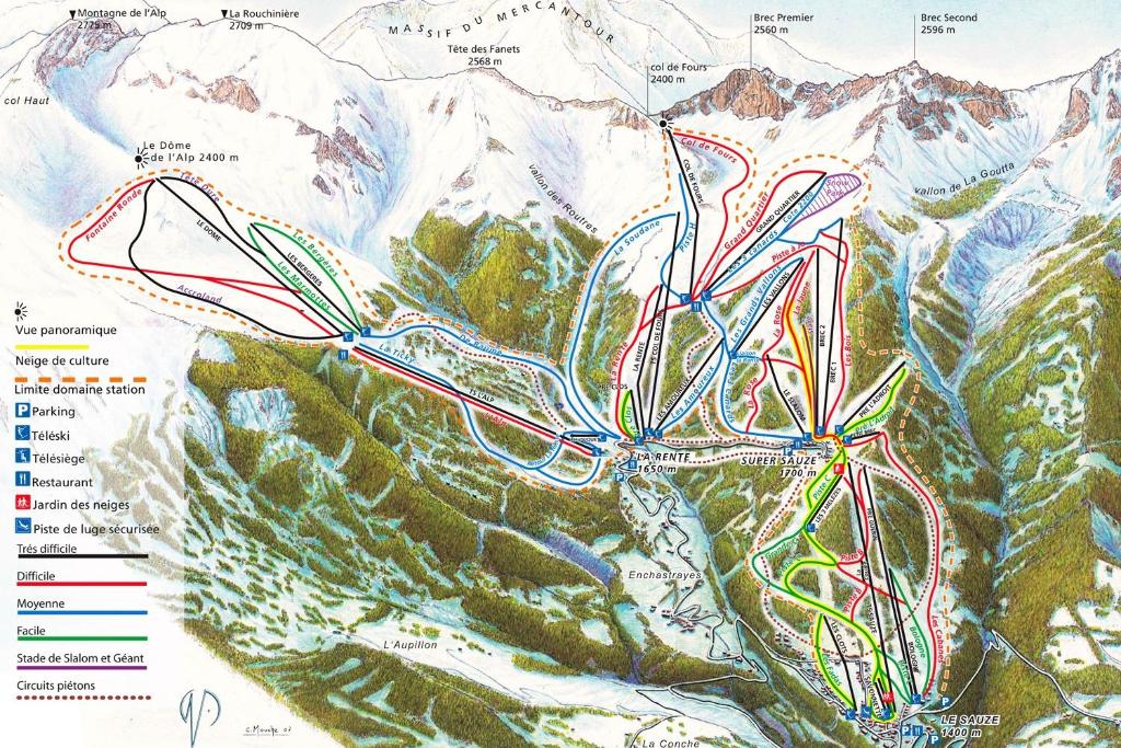 a map of a mountain with different colored trails at Chalet Barcelonnette in Barcelonnette