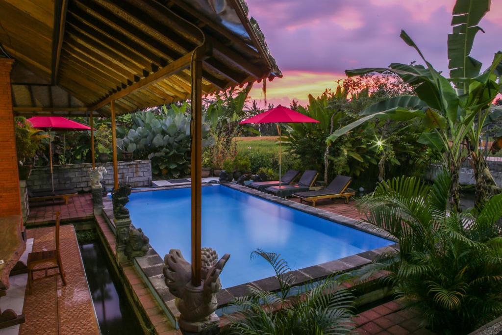 a swimming pool in a resort with umbrellas at Soca House in Ubud