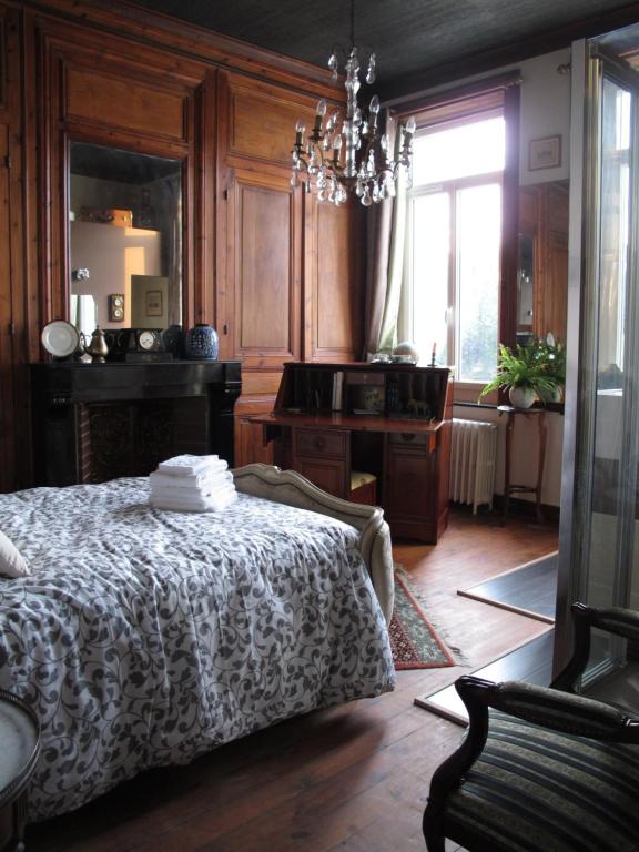 een slaapkamer met een bed en een kroonluchter bij La Bourgogne en Ville in Lille