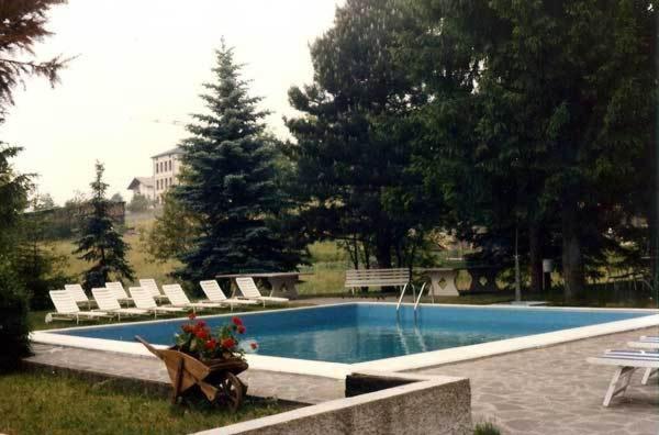 una piscina con sillas y flores en un patio en Hotel Due Pini, en Baselga di Pinè