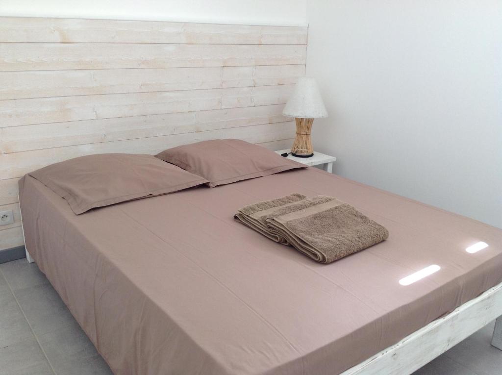 un letto con due cuscini sopra in una camera da letto di Appartement Shenandoah a Sainte-Anne
