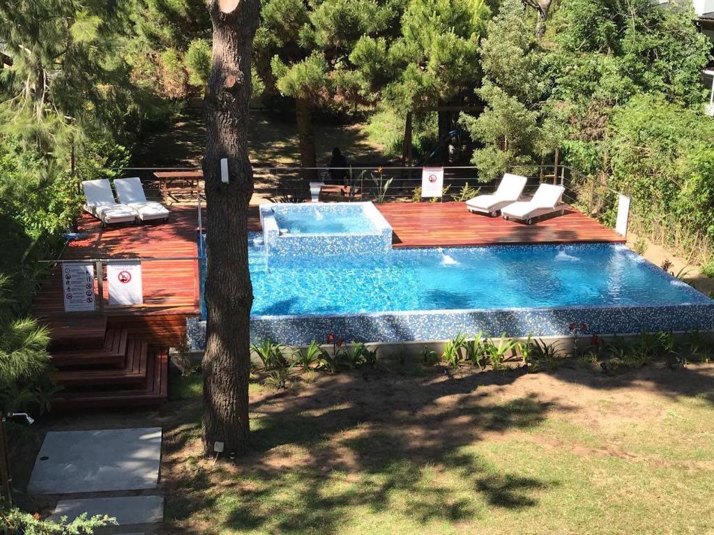 una piscina en un patio junto a un árbol en Los Aromos de Valeria en Valeria del Mar