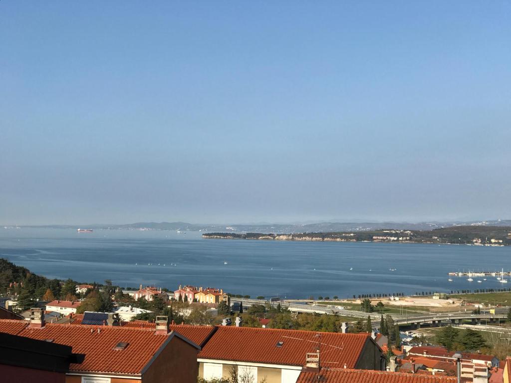 Blick auf einen großen Wasserkörper mit Häusern in der Unterkunft Jure Apartments 2 in Koper