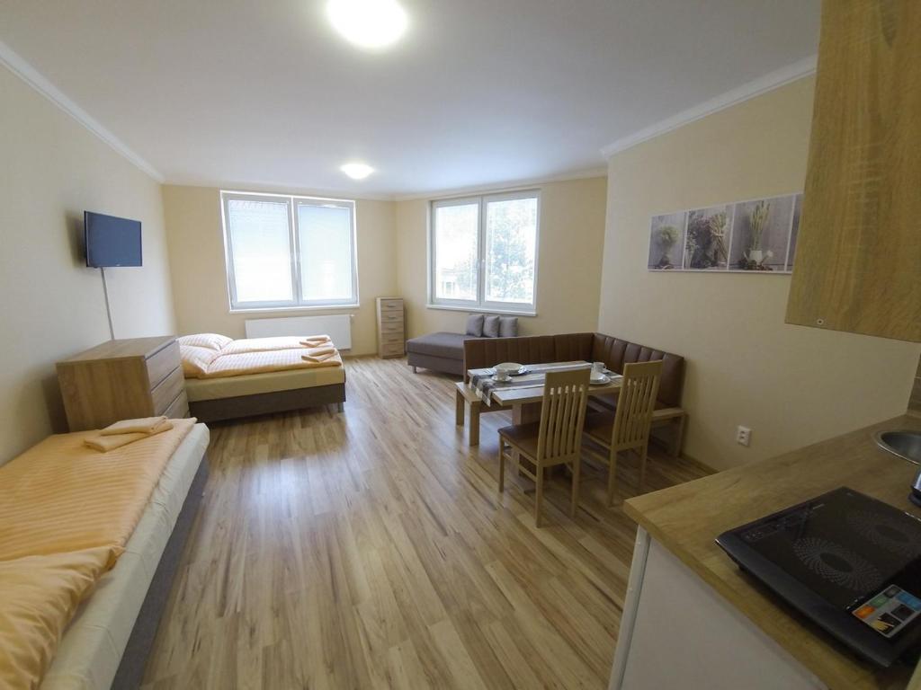 a room with a kitchen and a living room at Apartmány ORAVA-EDDA in Trenčianske Teplice