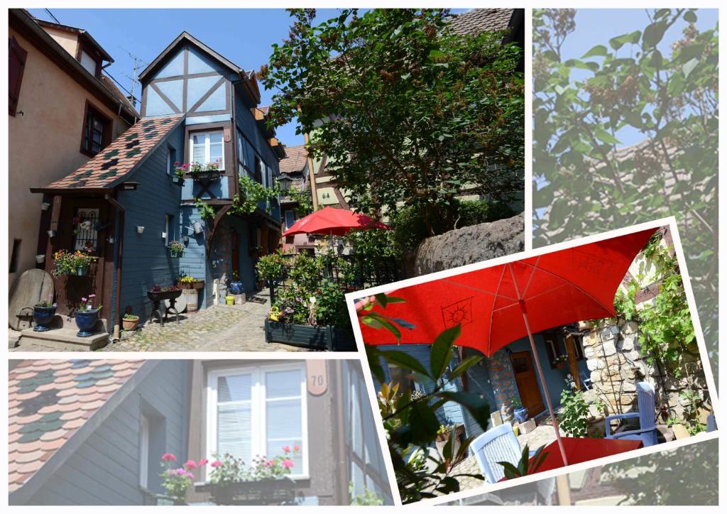 un collage de fotos de una casa con un paraguas rojo en GITE le 70 à TURCKHEIM, 10 min Colmar en Turckheim