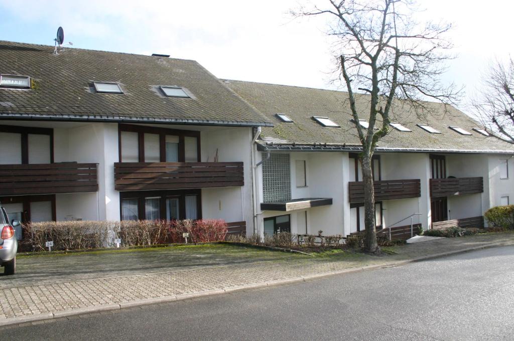 une maison blanche avec un arbre en face dans l'établissement Ferienwohnung Sophie, à Winterberg
