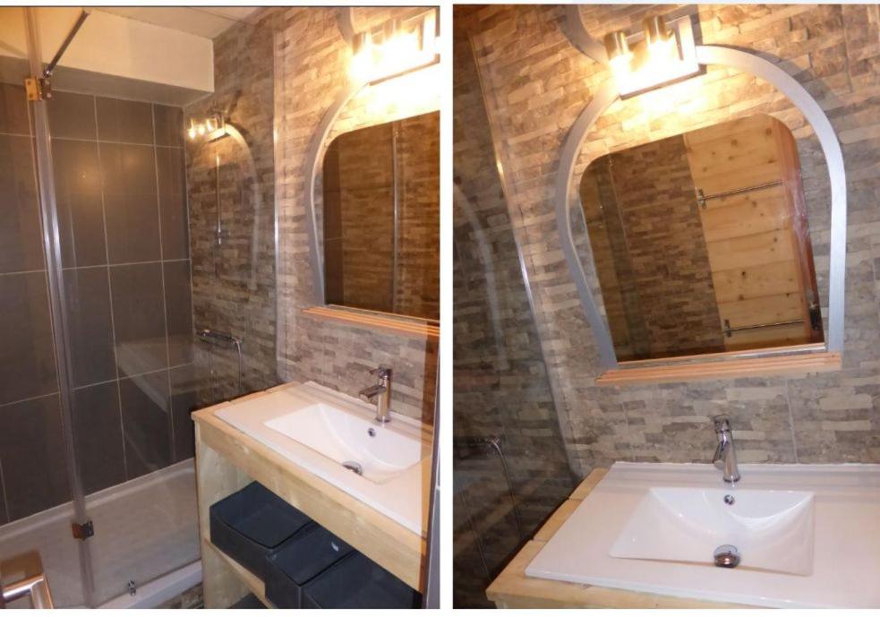 two pictures of a bathroom with a sink and a mirror at Appart Eterlou Chamrousse in Chamrousse