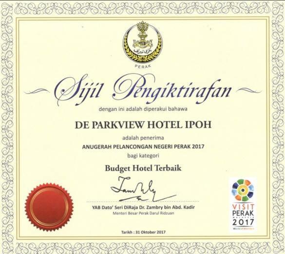 Certifikát, hodnocení, plakát nebo jiný dokument vystavený v ubytování De Parkview Hotel