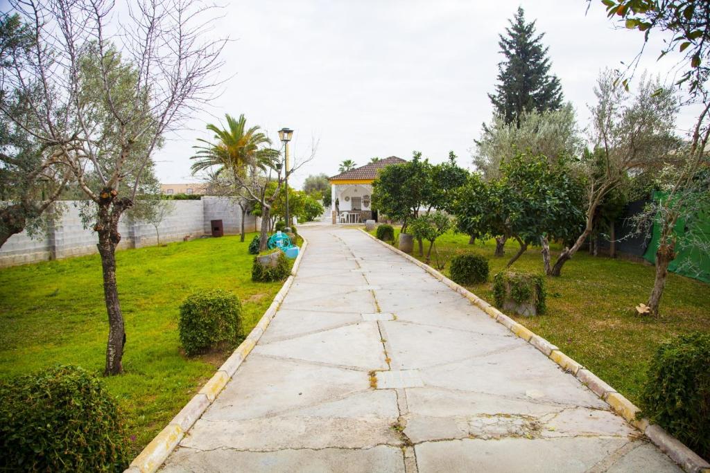 a sidewalk in a yard with trees and a house at Chalet piscina jakuzzi sevilla in Hacienda de Tarazona