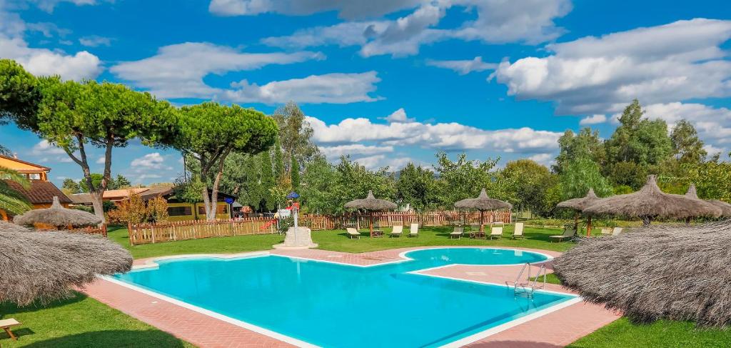 a swimming pool in a yard with grass and straw umbrellas at Agriturismo Il Pelago in Castagneto Carducci