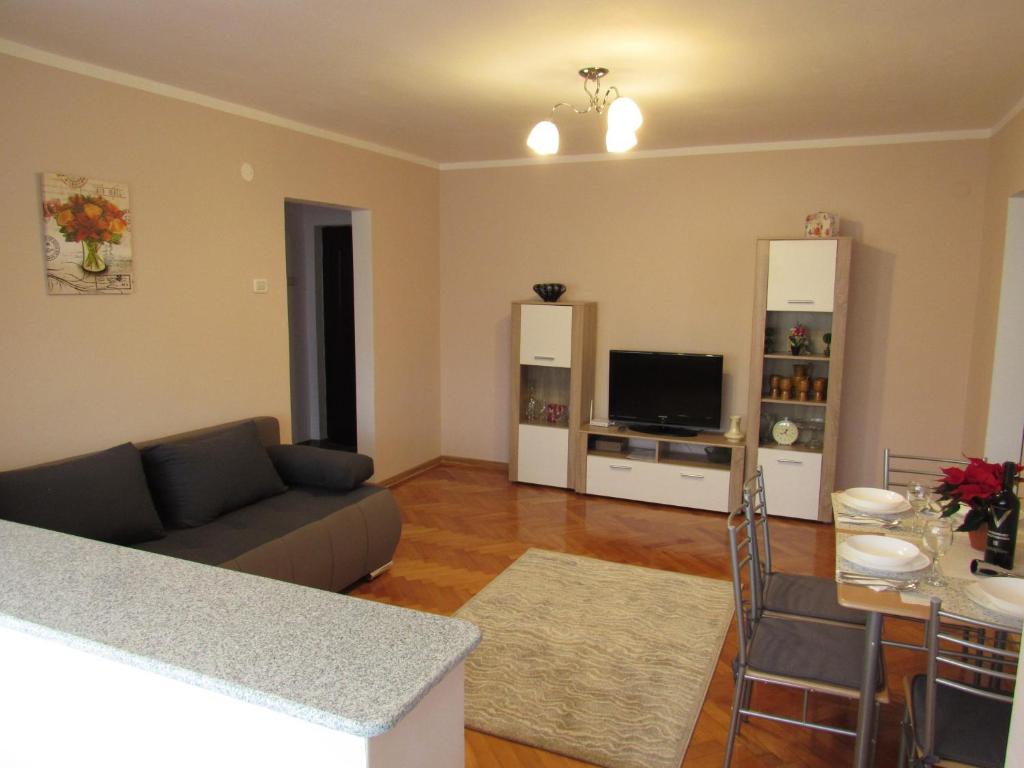 a living room with a couch and a television at Transilvanya Apartament in Hunedoara