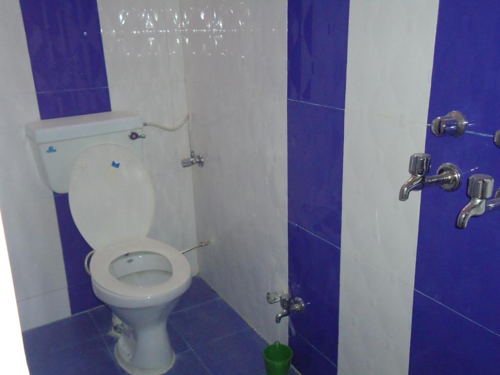 a bathroom with a toilet in a blue and white stall at Ganesh Guest House in Jaisalmer