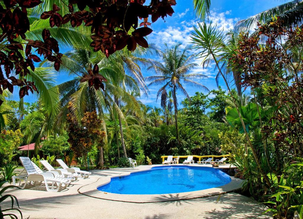 
a beach with palm trees and palm trees at Hotel La Diosa in Cahuita
