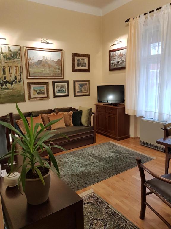 ein Wohnzimmer mit einem Sofa und einem TV in der Unterkunft Classic Style Apartment in Belgrad