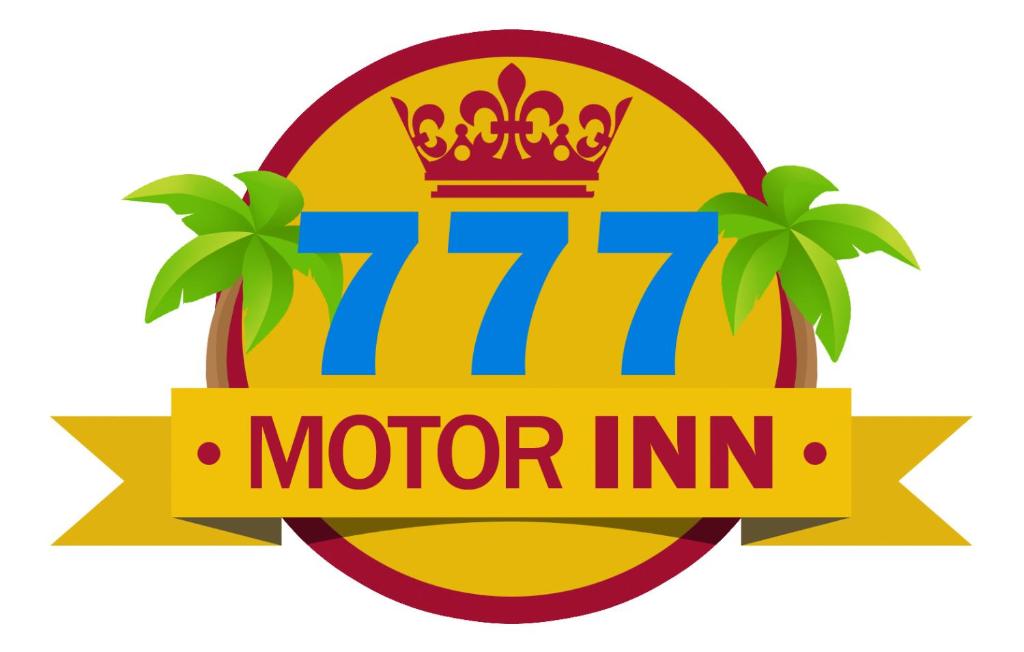 a label for a motor inn with two palm trees and a crown at 777 Motor Inn in Sherman Oaks