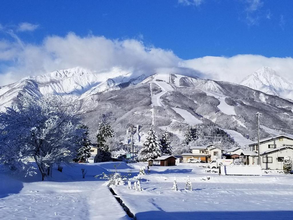 a snow covered mountain with a town in front of it at Hakuba Downtown Apartments in Hakuba