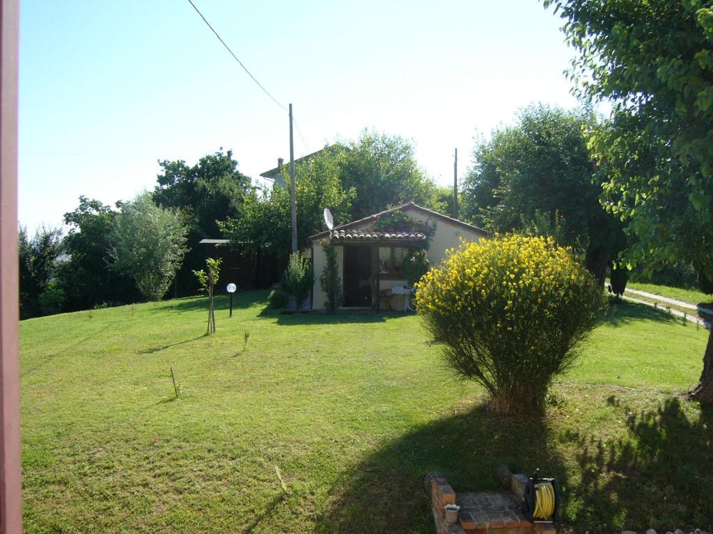 une petite maison dans une cour herbeuse avec un banc dans l'établissement La Mia Piccola Casetta, à Arcevia